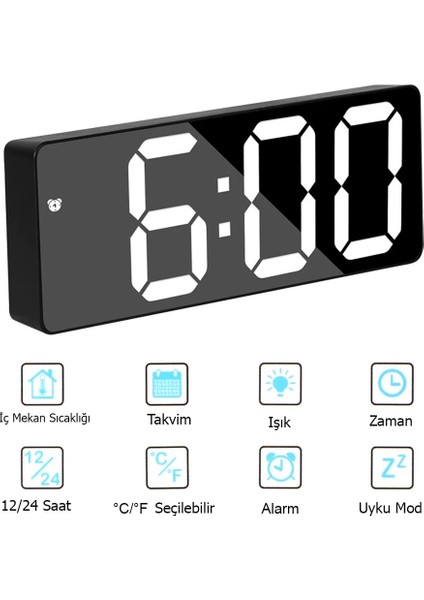 LED Dijital Masa Saati Alarm Termometre Tarih Aynalı Masaüstü Saat