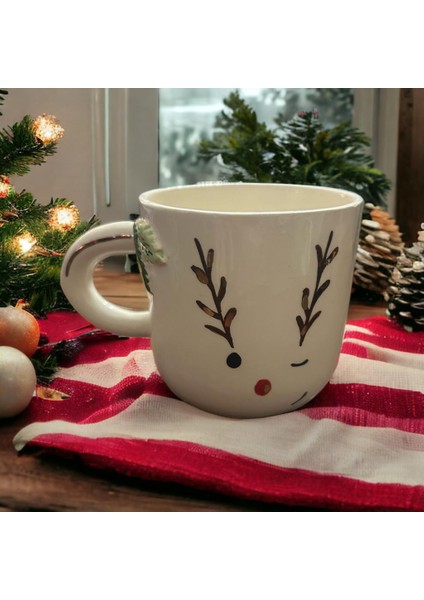 Ponsetya Ceramic & Lilies Atelier Yılbaşı Göz Kırpan Geyik Yüzü Desen 24KGOLD El Yapımı Mug Kupa 240ML modelleri