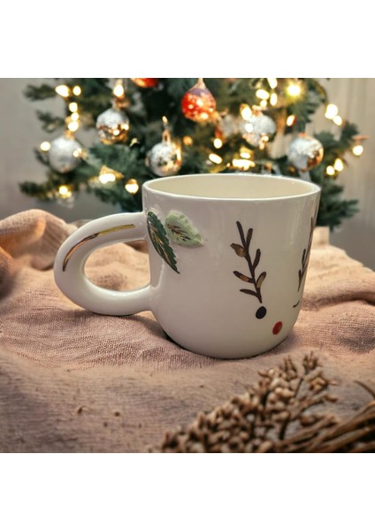 Ponsetya Ceramic & Lilies Atelier Yılbaşı Göz Kırpan Geyik Yüzü Desen 24KGOLD El Yapımı Mug Kupa 240ML indirimleri