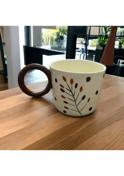 Ponsetya Ceramic & Lilies Atelier Kahverengi Bohem Dal Desen Puantiyeli El Yapımı Mug Kupa 260 ml