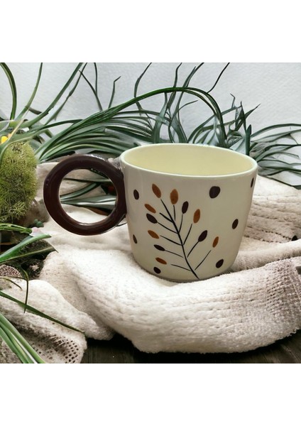 Ponsetya Ceramic & Lilies Atelier Kahverengi Bohem Dal Desen Puantiyeli El Yapımı Mug Kupa 260 ml modelleri