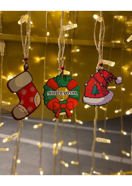 Ahşap Ağaç Süsü , Duvar Süsü , Oda Süsü ( Çorap , Mutlu Yıllar , Şapka )