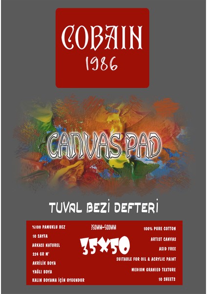 Cobain 1986 Canvas Pad Tuval Bezi Defteri Akrilik Yağlıboya Guaj Defteri