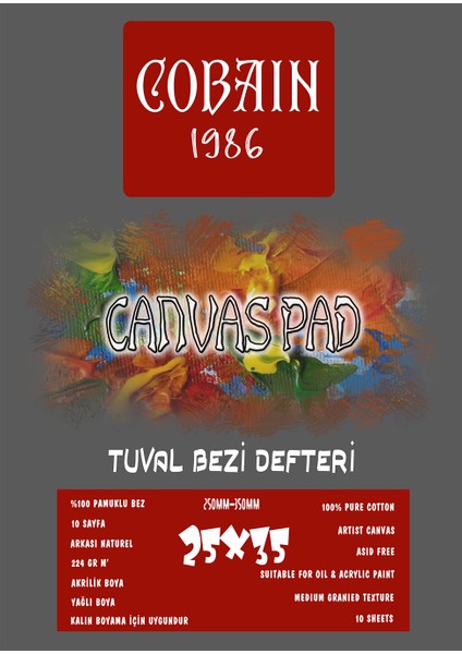 Cobain 1986 Canvas Pad Tuval Bezi Defteri Akrilik Yağlıboya Guaj Defteri