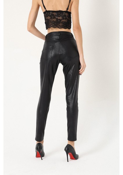 Kadın Deri Görünümlü Cepli Siyah Pantolon fiyatları