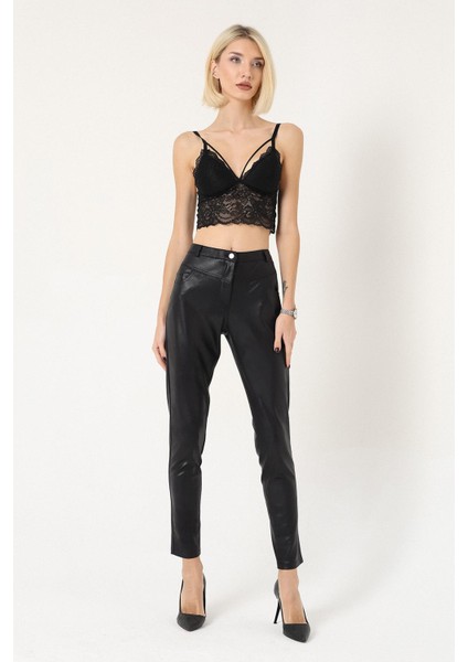 Kadın Deri Görünümlü Cepli Siyah Pantolon modelleri
