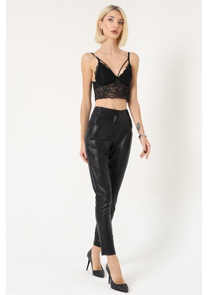 Kadın Deri Görünümlü Cepli Siyah Pantolon fırsatları