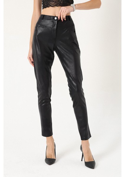 Kadın Deri Görünümlü Cepli Siyah Pantolon indirimleri