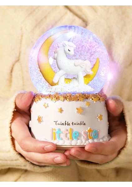 Ay ve Unicorn Temalı Orta Boy Kar Pilli Müzikli Işıklı Kar Küresi