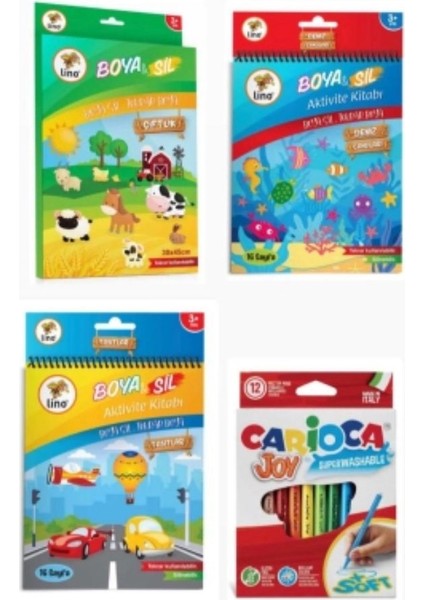3'lü Lino Boya Sil Aktivite Boyama Kitabı ve 12 'li Carioca Boyama Kalemi
