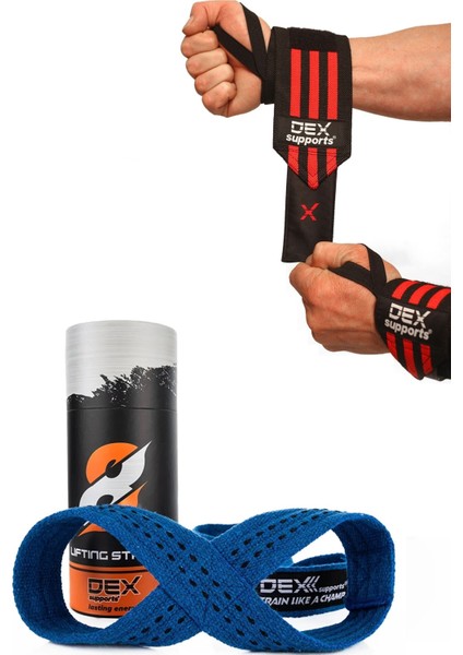 Sporcu Bilekliği Wrist Wraps+Ağırlık Kaldırma Kayışı Mavi 8 Loop Lifting Straps 2'li Paket