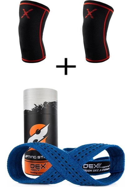 Fitness Ortopedik Dizlik Knee Sleeve+Ağırlık Kaldırma Kayışı Mavi 8 Loop Lifting Straps 2'li Set