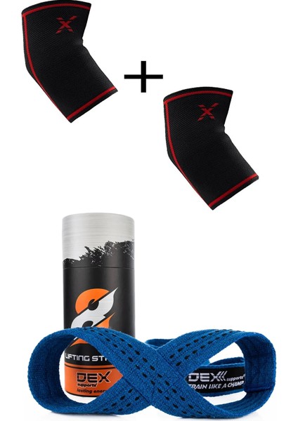Ağırlık Kaldırma Kayışı Mavi 8 Loop Lifting Straps+Elbow Sleeve Fitness Ortopedik Dirseklik 2'li Set