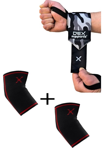 Sporcu Bilekliği Dark Kamuflaj+Elbow Sleeve Fitness Ortopedik Antrenman Dirsekliği 2'li Paket