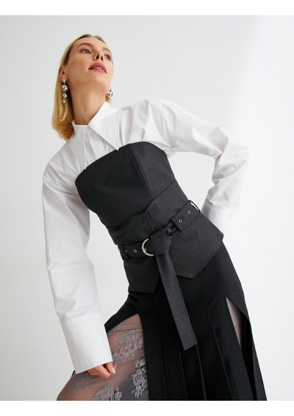 Çift Parça Görünümlü Bluz Kemerli Gömlek Yaka Uzun Kollu