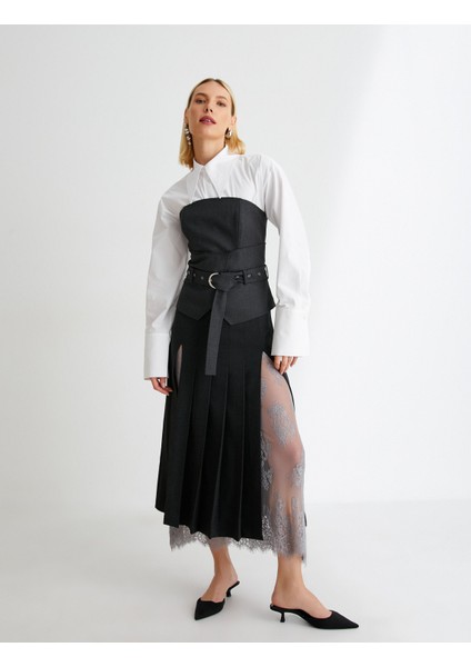 Çift Parça Görünümlü Bluz Kemerli Gömlek Yaka Uzun Kollu fiyatları