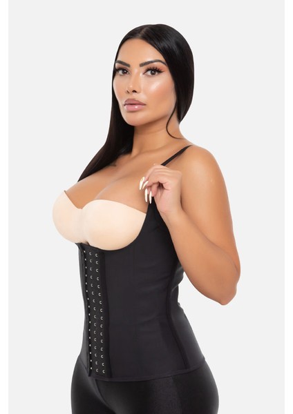 Owli Kadın Siyah Askılı Latex Sauna Bel Korsesi Çelik Balenli 3 Kademeli Agraflı Şekillendirici Lateks