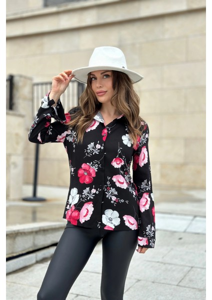 Kadın Pembe Çiçekli & Siyah Uzun Kollu, Digital Baskı Desen, Basic Gömlek