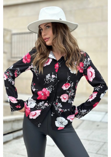 Kadın Pembe Çiçekli & Siyah Uzun Kollu, Digital Baskı Desen, Basic Gömlek