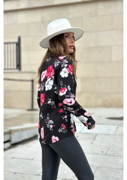 Kadın Pembe Çiçekli & Siyah Uzun Kollu, Digital Baskı Desen, Basic Gömlek fiyatları