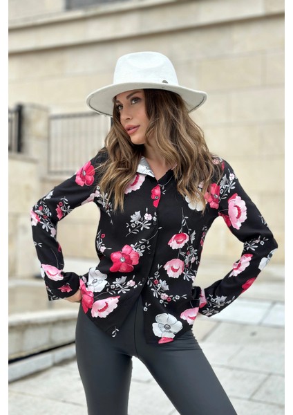 Kadın Pembe Çiçekli & Siyah Uzun Kollu, Digital Baskı Desen, Basic Gömlek fırsatları