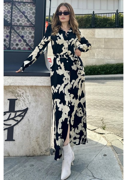 Kadın Siyah & Bej Uzun Kol, Kuşaklı, Yırtmaçlı, Vucüda Oturan Kalıp, Uzun Viskon Gömlek Elbise