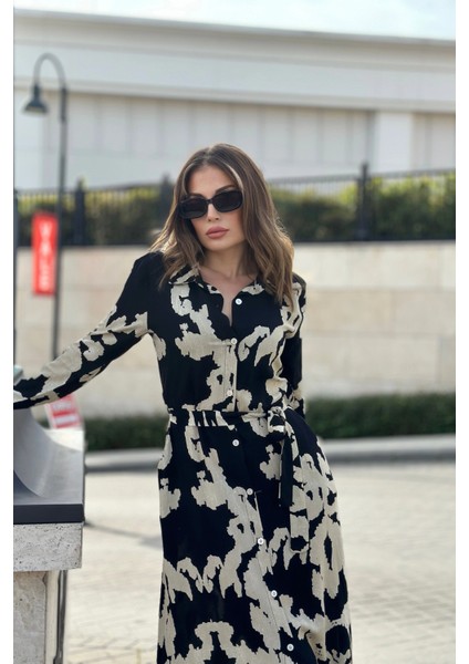 Kadın Siyah & Bej Uzun Kol, Kuşaklı, Yırtmaçlı, Vucüda Oturan Kalıp, Uzun Viskon Gömlek Elbise fiyatları