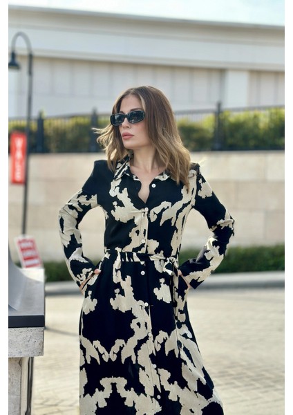 Kadın Siyah & Bej Uzun Kol, Kuşaklı, Yırtmaçlı, Vucüda Oturan Kalıp, Uzun Viskon Gömlek Elbise modelleri