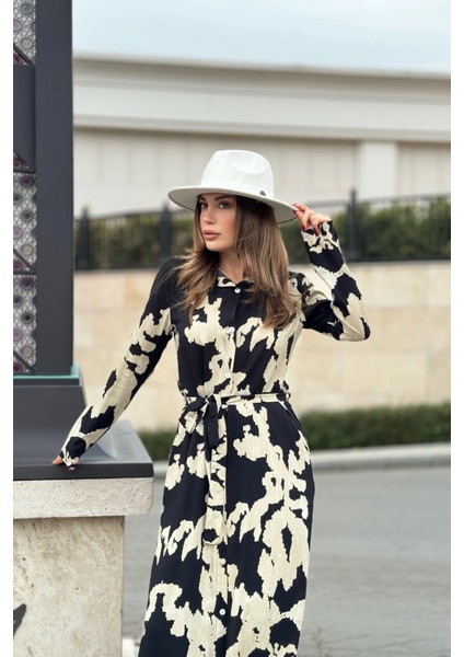 Kadın Siyah & Bej Uzun Kol, Kuşaklı, Yırtmaçlı, Vucüda Oturan Kalıp, Uzun Viskon Gömlek Elbise fırsatları