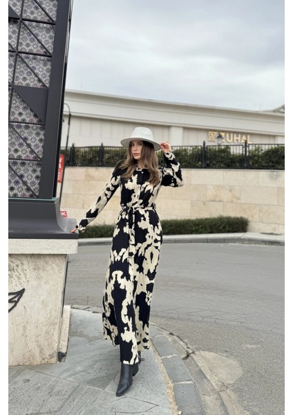 Kadın Siyah & Bej Uzun Kol, Kuşaklı, Yırtmaçlı, Vucüda Oturan Kalıp, Uzun Viskon Gömlek Elbise indirimleri