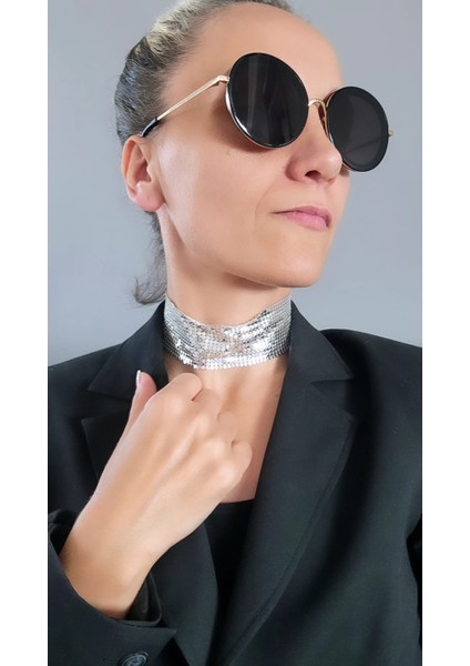 Arpa Pullu Hasır Plaka Yunan Model Choker Silver Gümüş Model Tasma Kolye