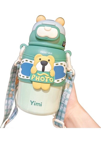 Sweet Ruı Bear 460ML Paslanmaz Çelik Termos Bardak Kapaklı ve Pipetli Crossbody Termos Bardak (Yurt Dışından)