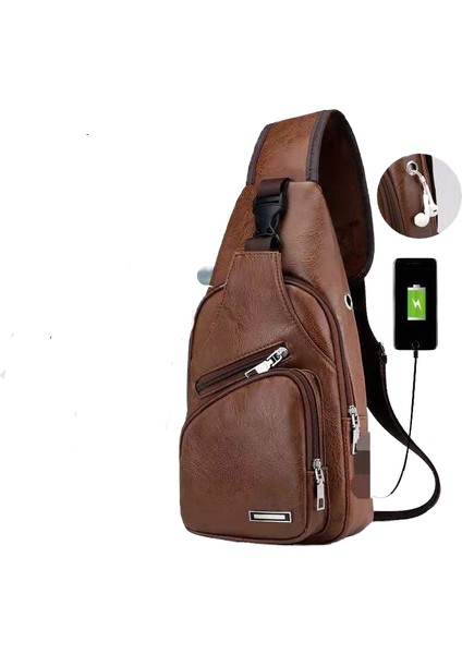 Omuz USB Şarj Göğüs Pu Erkek Göğüs Iş Crossbody Çanta (Yurt Dışından)