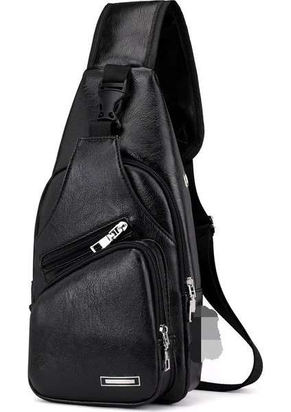 Omuz USB Şarj Göğüs Pu Erkek Göğüs Iş Crossbody Çanta (Yurt Dışından)