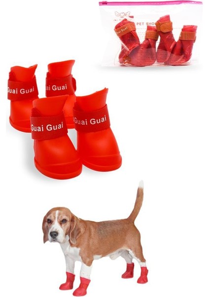 Silikon Su Geçirmez Kedi Köpek Ayakkabısı Kırmızı M Beden