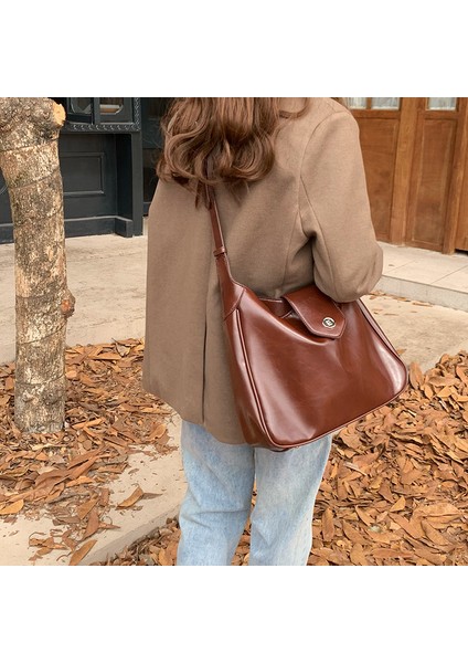 Yağ Mumu Deri Niş Tasarım Kadın Kore Çok Yönlü Omuz Büyük Kapasiteli Crossbody Çanta (Yurt Dışından)