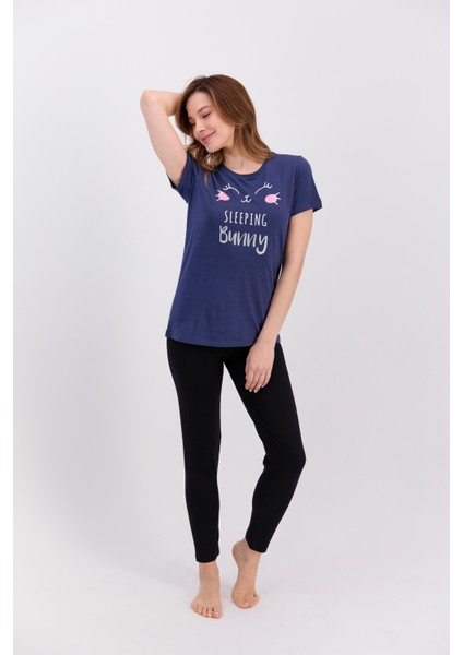 Kadın Kısa Kol Pijama Takımı Dark Indıgo