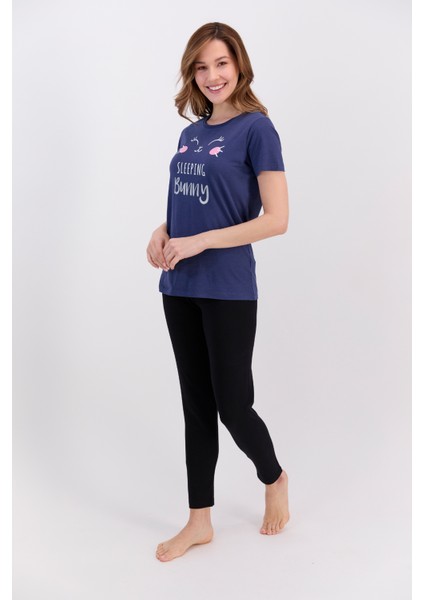 Kadın Kısa Kol Pijama Takımı Dark Indıgo