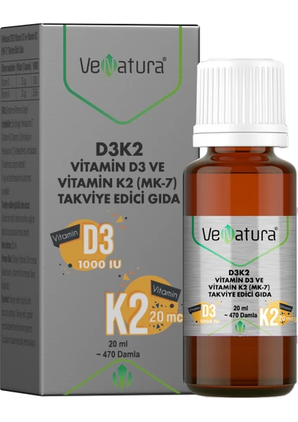 VeNatura D3K2 Vitamin D3 Ve Vitamin K2 Damla Takviye Edici Gıda 20 ml