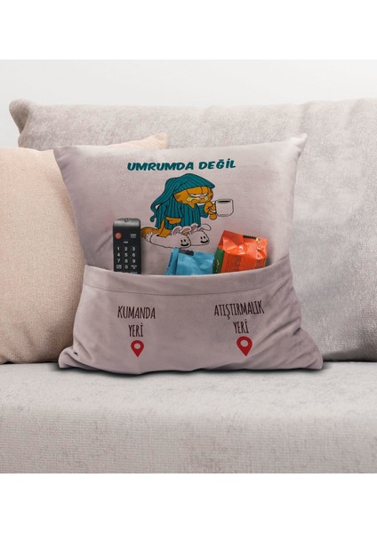 Eğlenceli Tasarımlı Organizer Kumanda ve Atıştırmalık Cepli Pembe Kırlent Yastık- 6, Ev Dekoru,