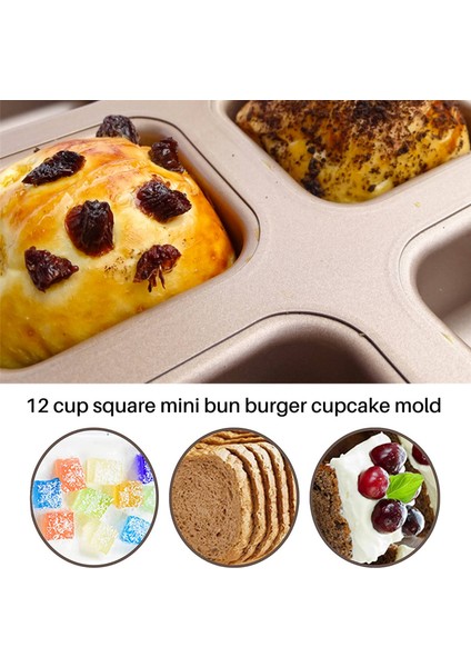 12 Bardak Kare Mini Ekmek Burger Muffin Kek Kalıbı Ev Yapışmaz Fırın Tepsisi Fırın Tepsileri Pasta Aracı (Altın) (Yurt Dışından)