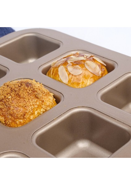 12 Bardak Kare Mini Ekmek Burger Muffin Kek Kalıbı Ev Yapışmaz Fırın Tepsisi Fırın Tepsileri Pasta Aracı (Altın) (Yurt Dışından)