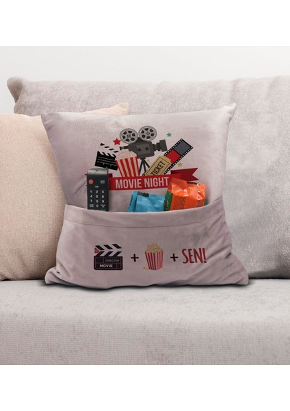 Eğlenceli Tasarımlı Organizer Kumanda ve Atıştırmalık Cepli Pembe Kırlent Yastık- 11, Ev Dekoru,