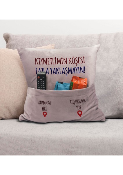 Eğlenceli Tasarımlı Organizer Kumanda ve Atıştırmalık Cepli Pembe Kırlent Yastık- 10, Ev Dekoru,