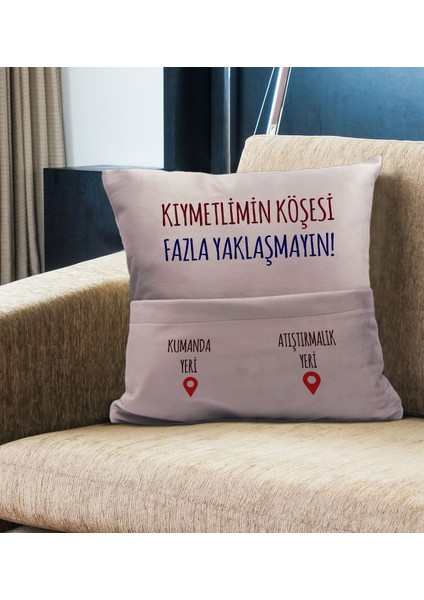 Eğlenceli Tasarımlı Organizer Kumanda ve Atıştırmalık Cepli Pembe Kırlent Yastık- 10, Ev Dekoru,