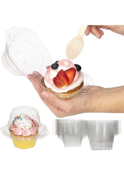 50'li Paket Bireysel Cupcake Kapları, Istiflenebilir Tek Bölmeli Tek Kullanımlık Hava Geçirmez Kubbe Kapaklı Taşıyıcı Tutucu Kutu (Yurt Dışından)