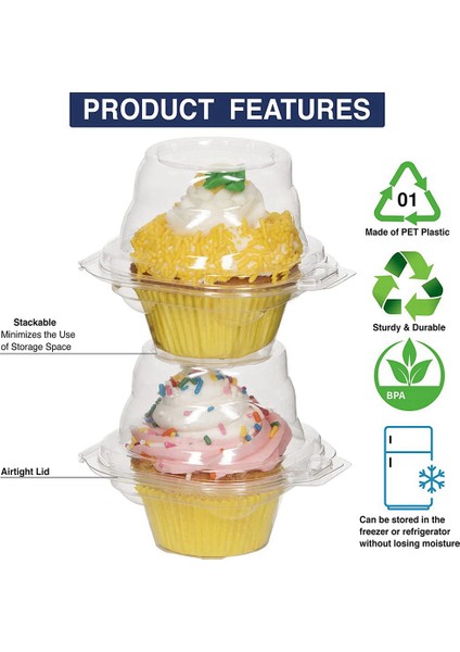50'li Paket Bireysel Cupcake Kapları, Istiflenebilir Tek Bölmeli Tek Kullanımlık Hava Geçirmez Kubbe Kapaklı Taşıyıcı Tutucu Kutu (Yurt Dışından)