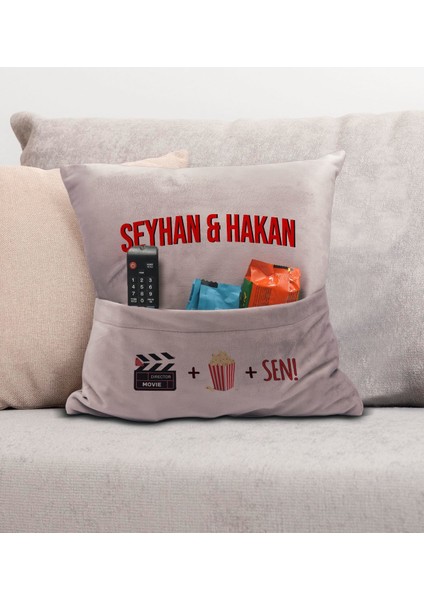 Kişiye Özel Tasarımlı Organizer Kumanda ve Atıştırmalık Cepli Pembe Kırlent Yastık- 1, Ev Dekoru,