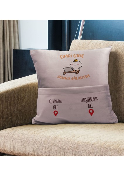 Eğlenceli Tasarımlı Organizer Kumanda ve Atıştırmalık Cepli Pembe Kırlent Yastık- 1, Ev Dekoru, fiyatları