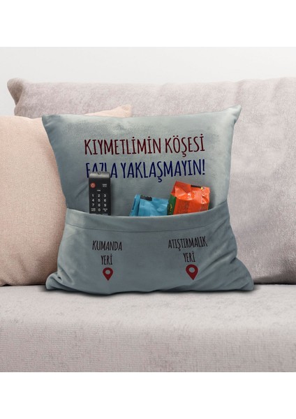 Eğlenceli Tasarımlı Organizer Kumanda ve Atıştırmalık Cepli Gri Kırlent Yastık- 10, Ev Dekoru,